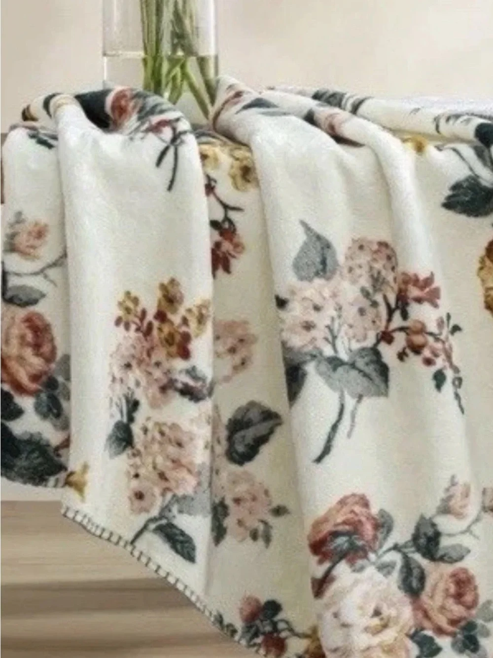 Laura Ashley ~ Rosemore Tan Floral Reversible Coco Flannel Throw Blanket 50 X 70